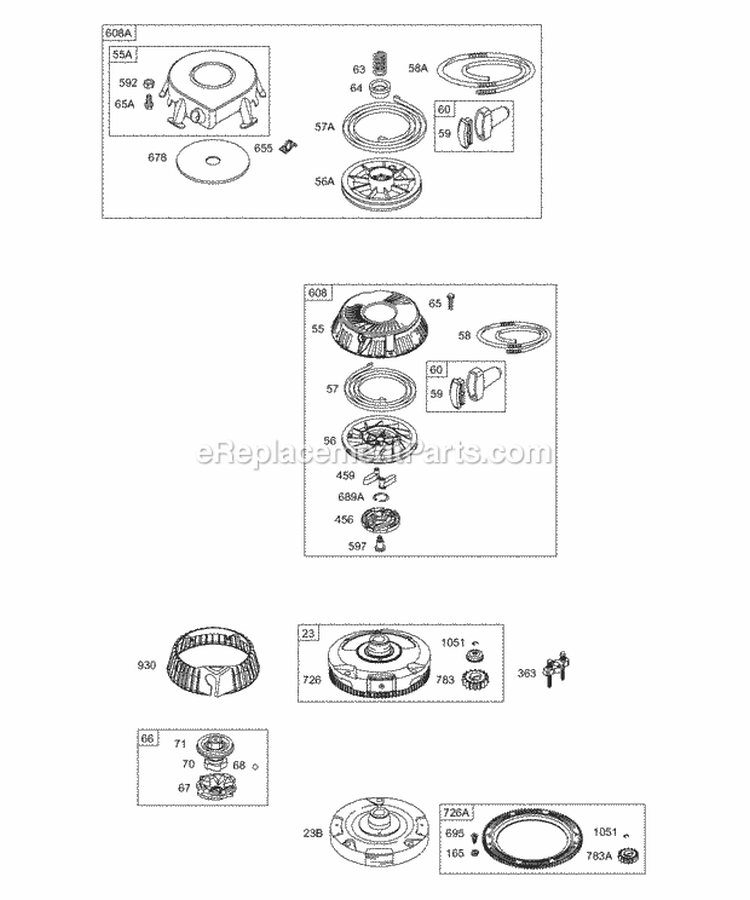 Flywheel Rewind Starter Diagram and Parts List for  Briggs and Stratton Engine